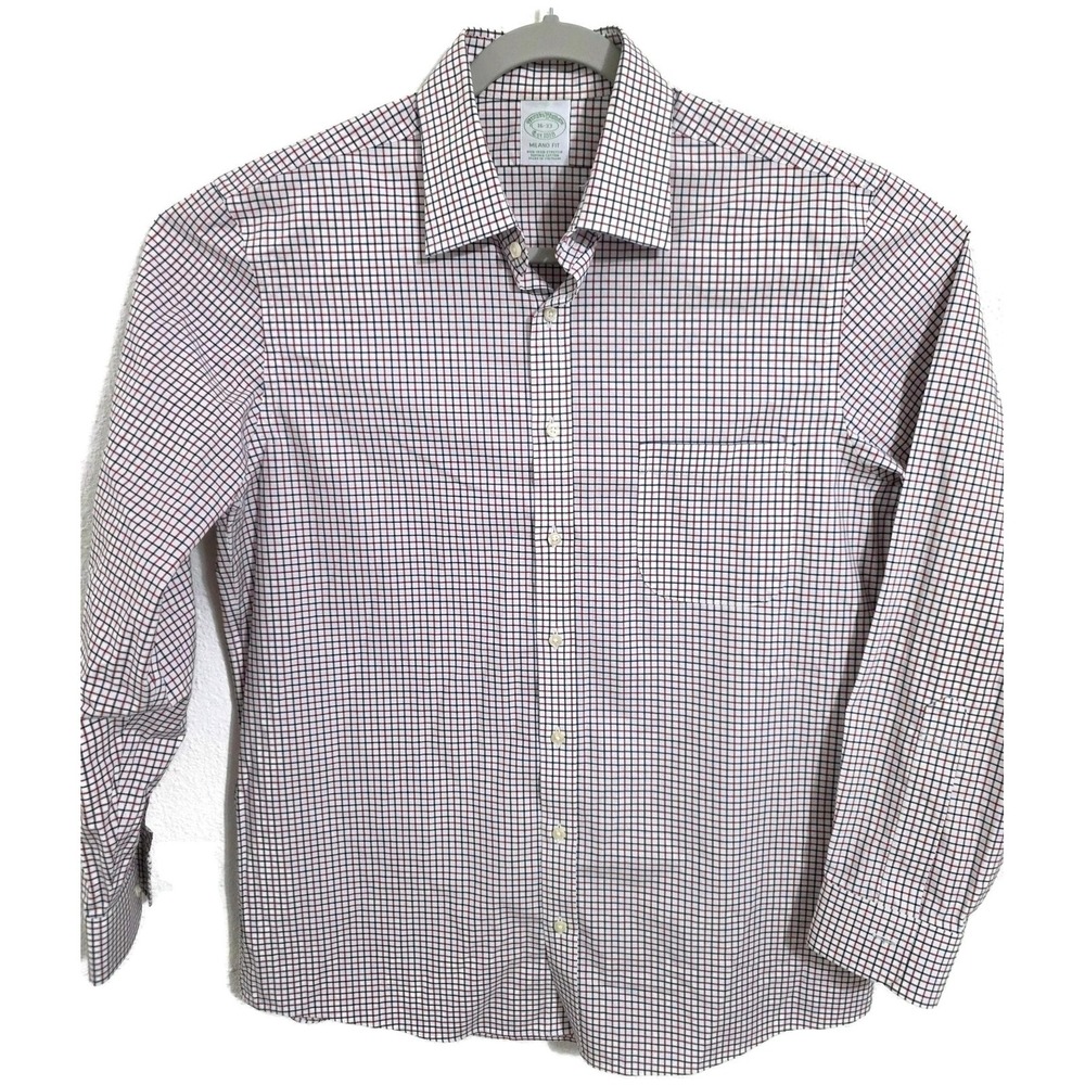 Brooks Brothers Shirt Mens 16 32/33 White Red Navy Check Milano Non Iron Stretch